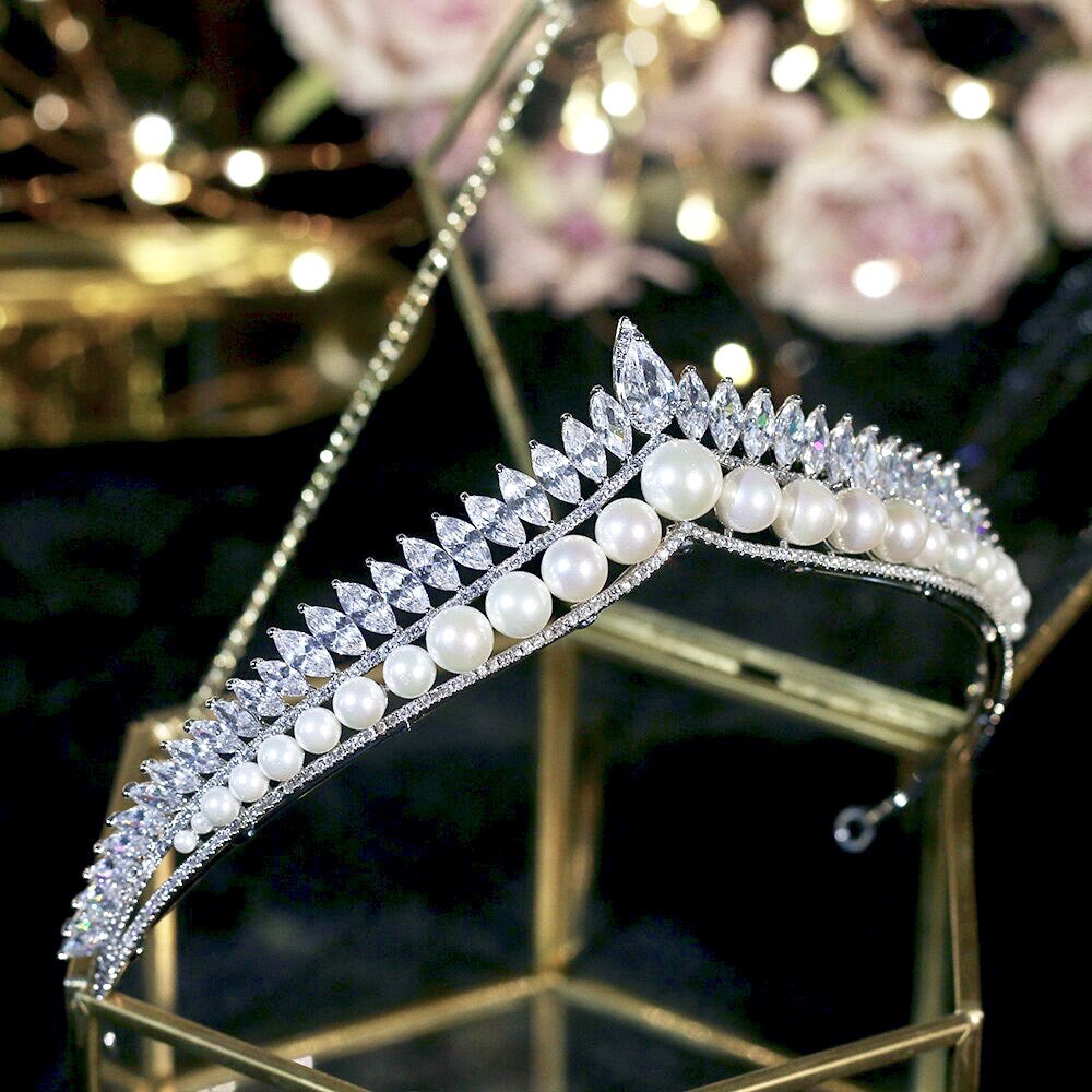 Rianna - Pearl and Cubic Zirconia Bridal Tiara - Available in Silver and Gold