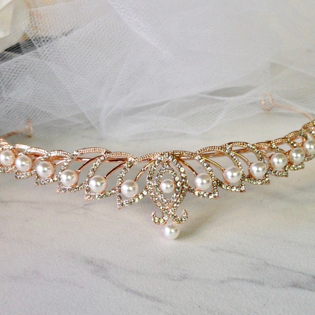 Tracy - Wedding Pearl and Cubic Zirconia Tiara - Available in Silver and Rose Gold