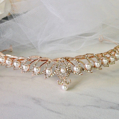 Tracy - Wedding Pearl and Cubic Zirconia Tiara - Available in Silver and Rose Gold