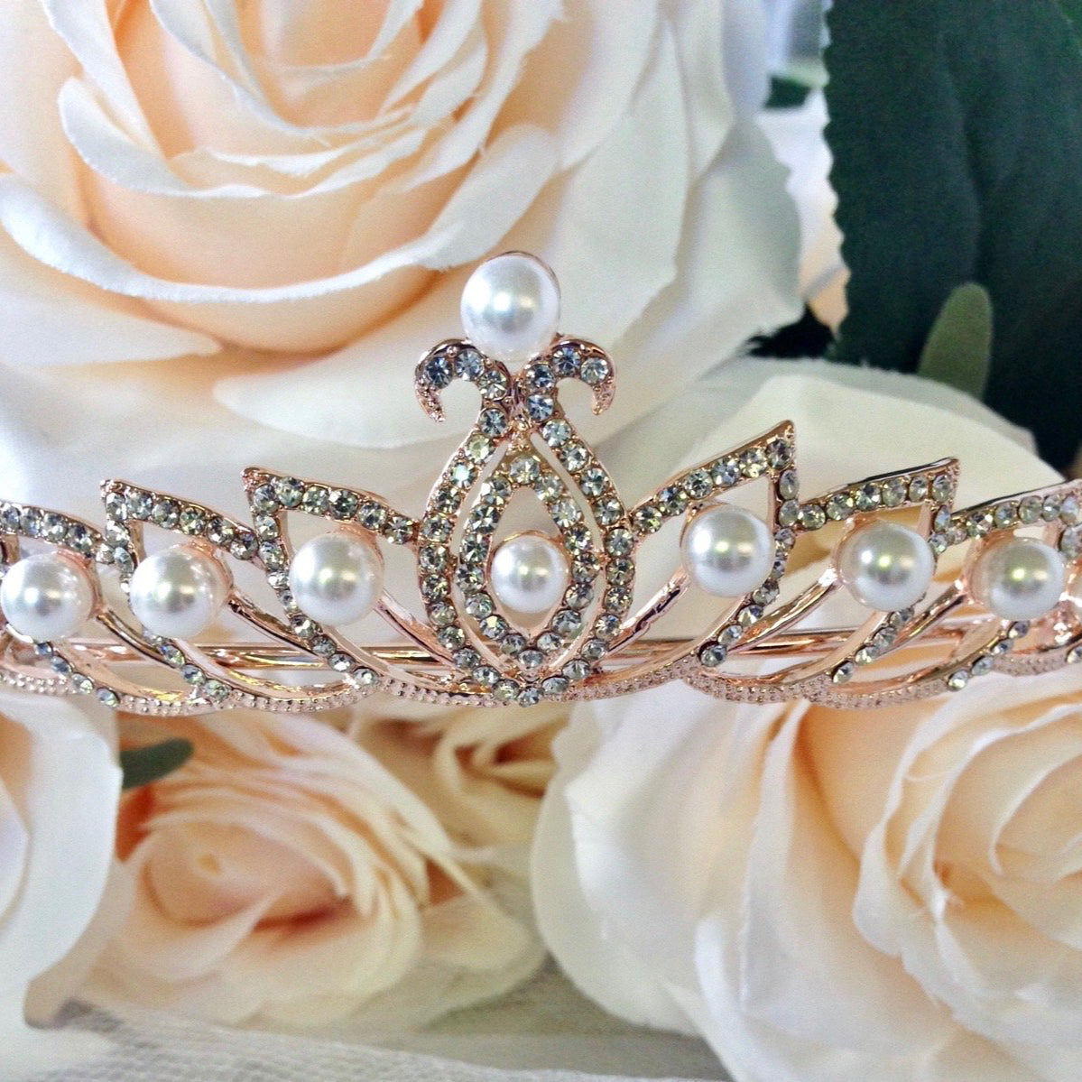 Tracy - Wedding Pearl and Cubic Zirconia Tiara - Available in Silver and Rose Gold