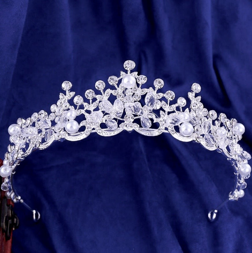 Blanche - Wedding Pearl and Crystal Tiara - Available in Silver, Rose Gold and Yellow Gold