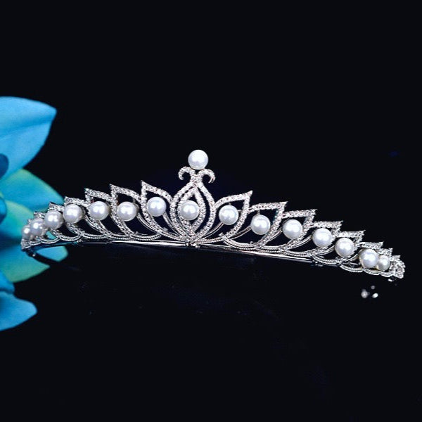 Tracy - Wedding Pearl and Cubic Zirconia Tiara - Available in Silver and Rose Gold