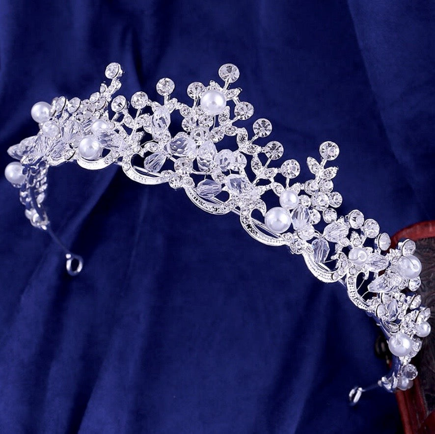 Blanche - Wedding Pearl and Crystal Tiara - Available in Silver, Rose Gold and Yellow Gold