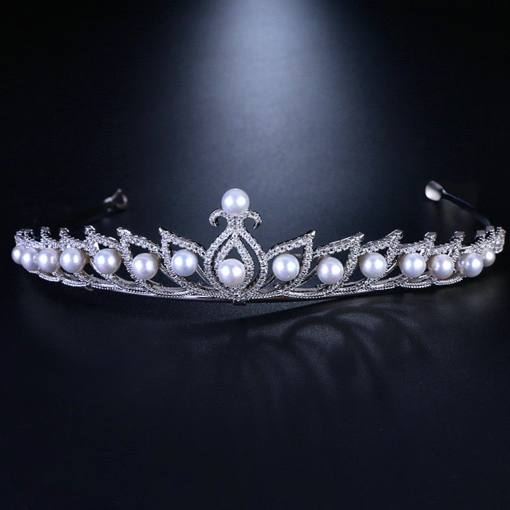 Tracy - Wedding Pearl and Cubic Zirconia Tiara - Available in Silver and Rose Gold
