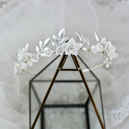 Amaris - Ceramic Flowers and Pearls Silver Bridal Headband