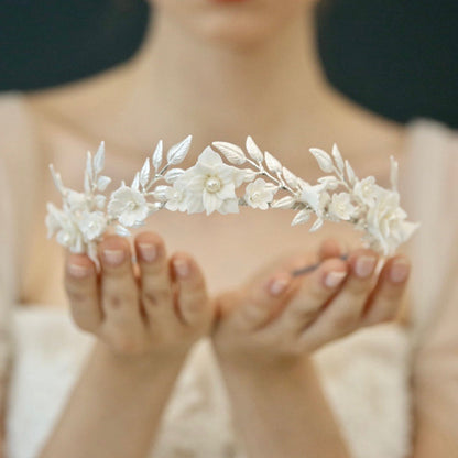 Amaris - Ceramic Flowers and Pearls Silver Bridal Headband