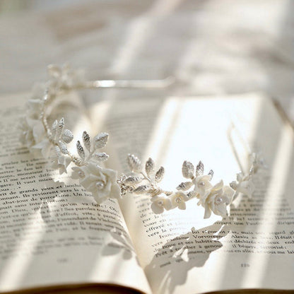 Amaris - Ceramic Flowers and Pearls Silver Bridal Headband