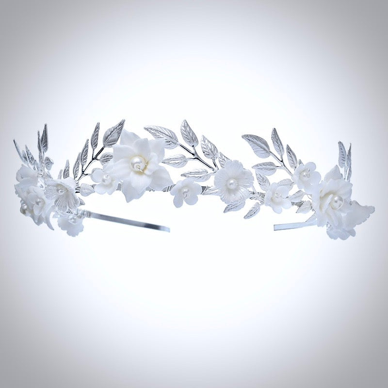 Amaris - Ceramic Flowers and Pearls Silver Bridal Headband