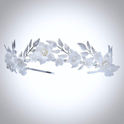 Amaris - Ceramic Flowers and Pearls Silver Bridal Headband