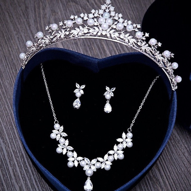 Louise - Silver Cubic Zirconia and Pearl 3-Piece Bridal Jewelry Set With Tiara