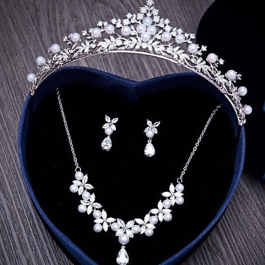 Louise - Silver Cubic Zirconia and Pearl 3-Piece Bridal Jewelry Set With Tiara