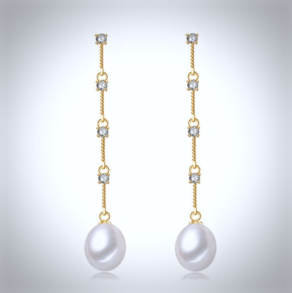 "Michaela" - Pearl and Cubic Zirconia Bridal Earrings - Available in Silver and Yellow Gold