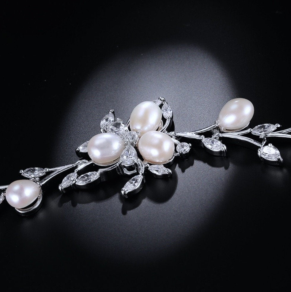 Anna - Freshwater Pearl and Cubic Zirconia Bridal Bracelet - Available in Silver, Rose Gold and Yellow Gold