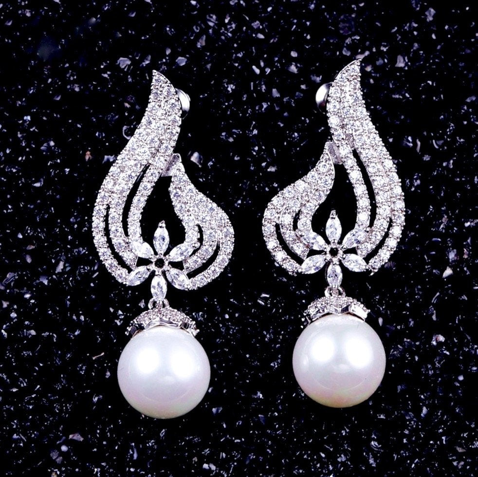 Lavinia - Pearl and Cubic Zirconia Bridal Earrings - Available in Silver, Rose Gold and Yellow Gold