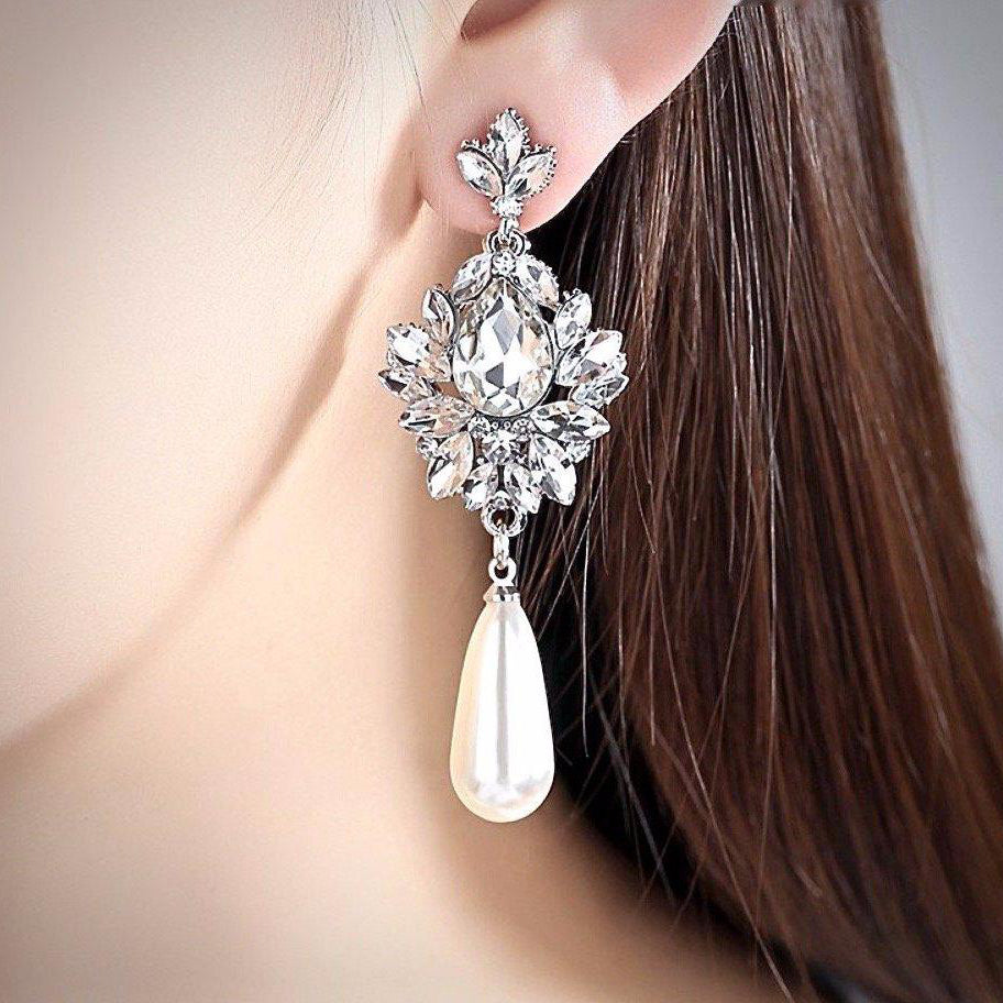Valencia - Pearl and Crystal Bridal Earrings - Available in Silver and Gold