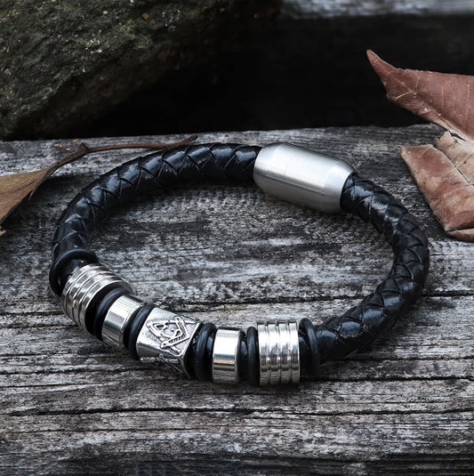 AG Woven Stainless Steel Leather Masonic Bracelet