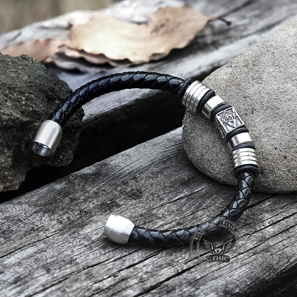 AG Woven Stainless Steel Leather Masonic Bracelet