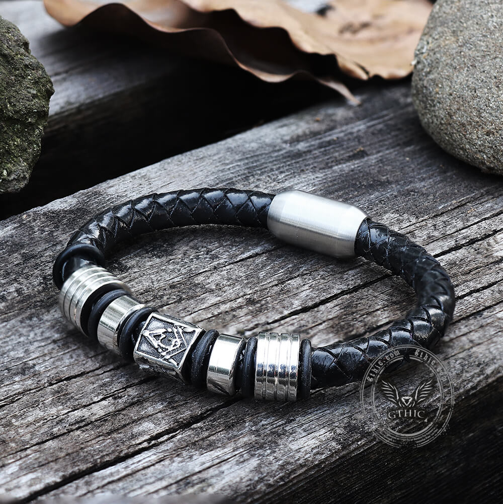 AG Woven Stainless Steel Leather Masonic Bracelet