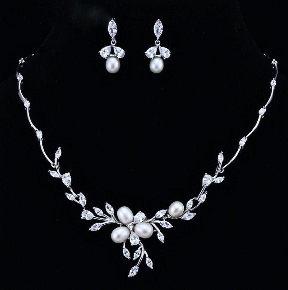 Anna - Freshwater Pearl and Cubic Zirconia Bridal Jewelry Set - Available in Silver, Rose Gold and Yellow Gold