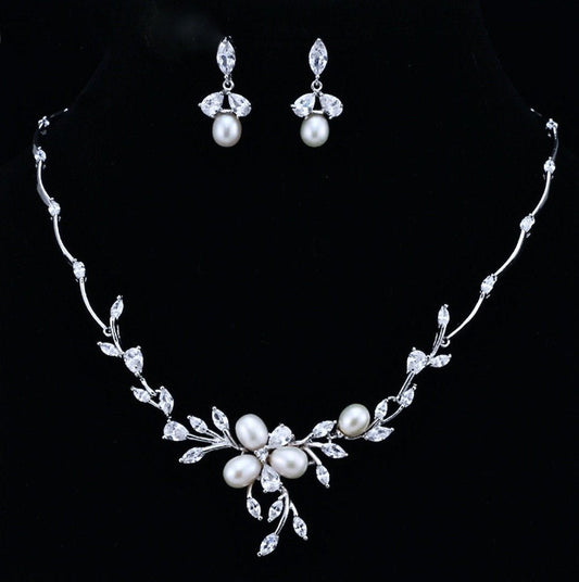 Anna - Freshwater Pearl and Cubic Zirconia Bridal Jewelry Set - Available in Silver, Rose Gold and Yellow Gold