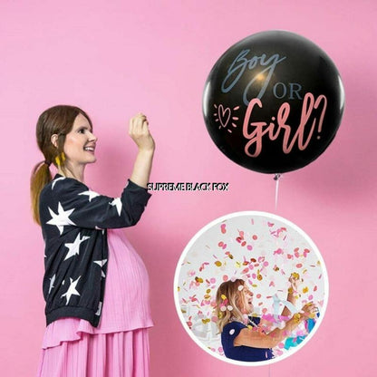 Baby Gender Reveal Confetti Balloon (36 inches) - 36" Big Black Balloons with Pink / Blue Round Confetti Packs Boy Girl - Baby Shower Gender Party Kit