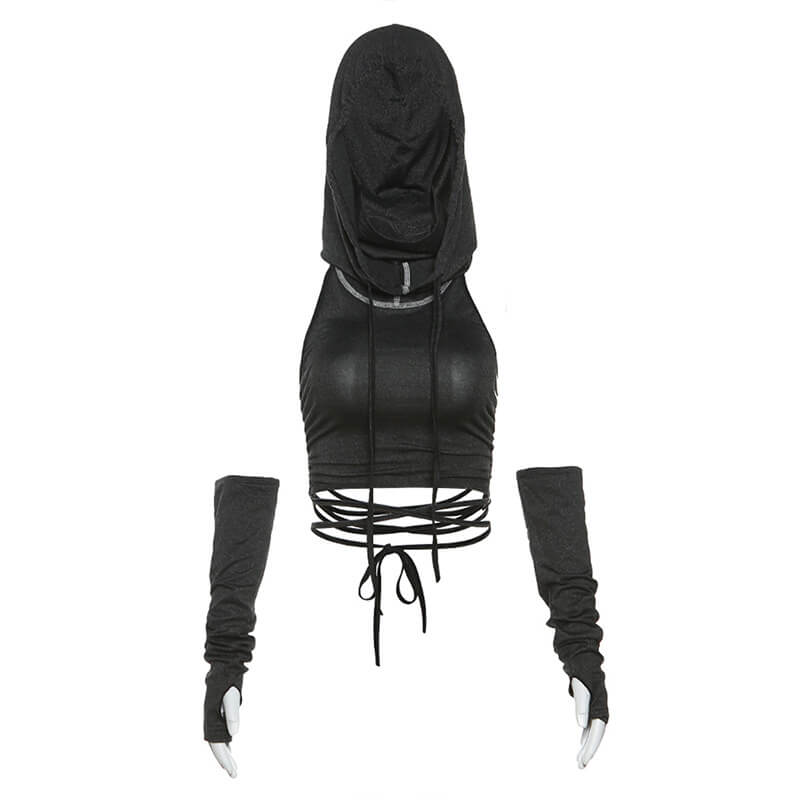 Backless Strappy Hooded Shorts Set