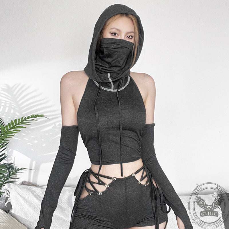 Backless Strappy Hooded Shorts Set