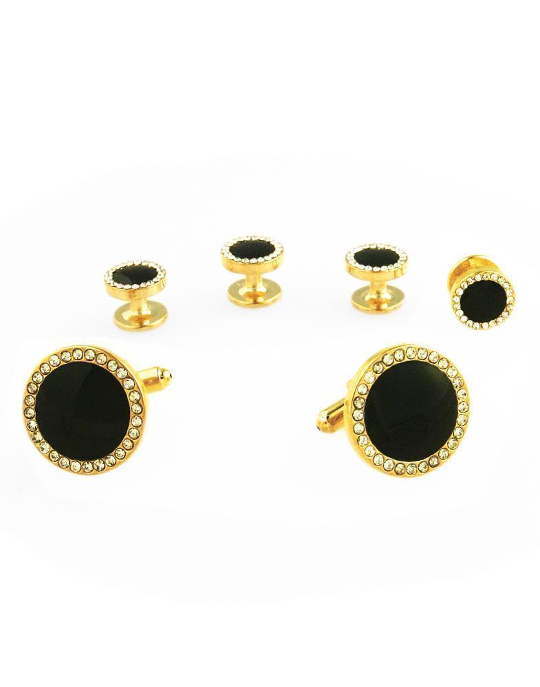 Black Circular Enamel with CZ Border Gold Edge Studs and Cufflinks Set