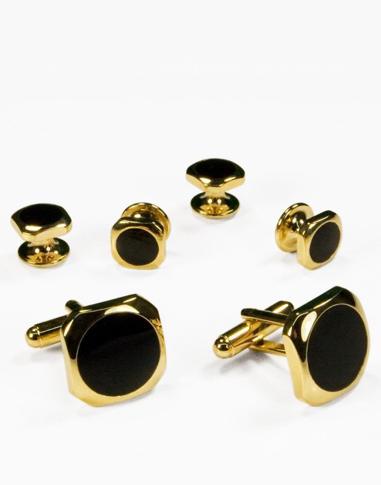 Black Circular Onyx with Gold Octagon Edge Studs and Cufflinks Set