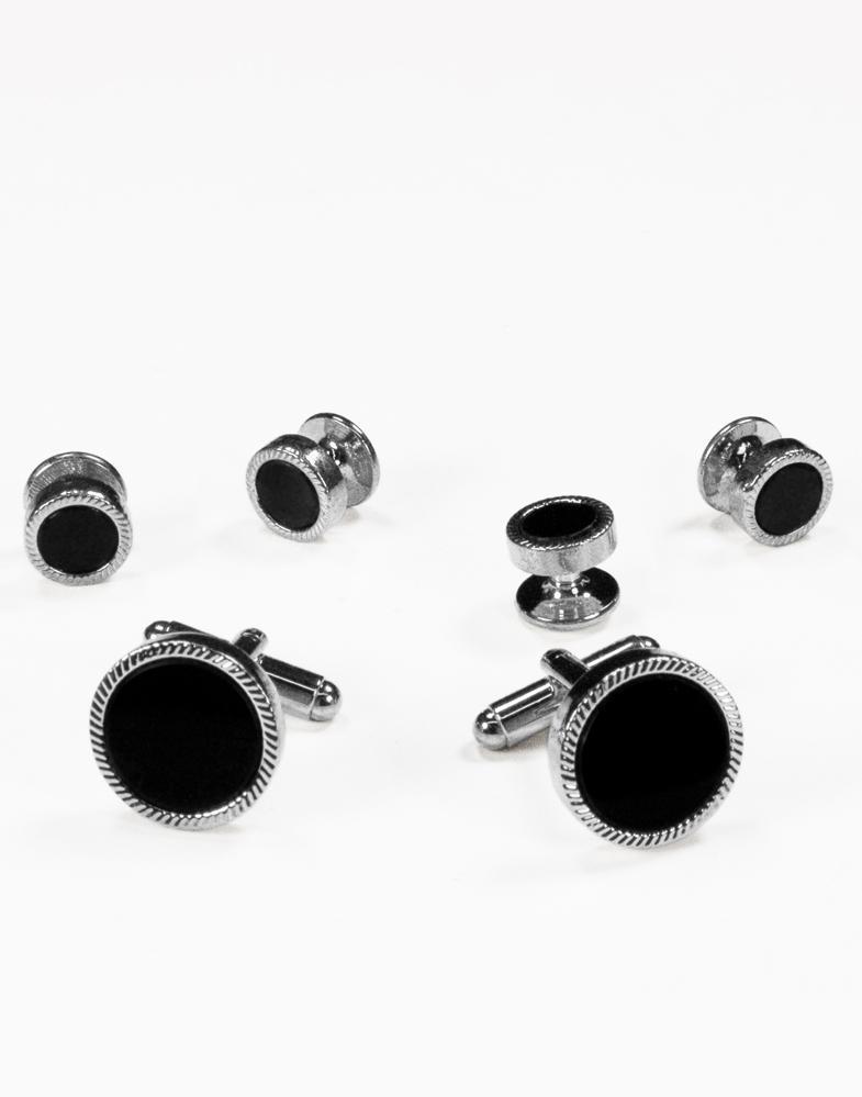 Black Circular Onyx with Gold or Silver Feather Cut Edge Studs and Cufflinks Set