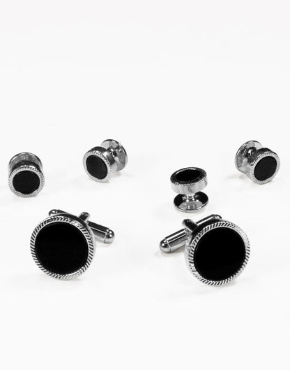 Black Circular Onyx with Gold or Silver Feather Cut Edge Studs and Cufflinks Set