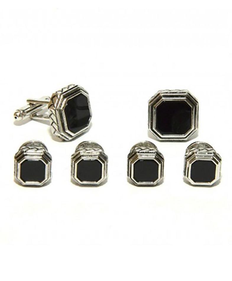 Black Octagon Onyx in Antique Silver Setting Studs & Cufflinks Set