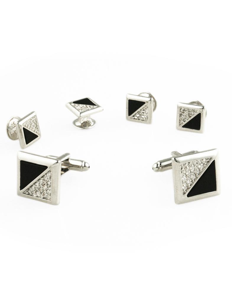Black Onyx & Cubic Zirconia Triangles with Silver Edge Studs and Cufflinks Set