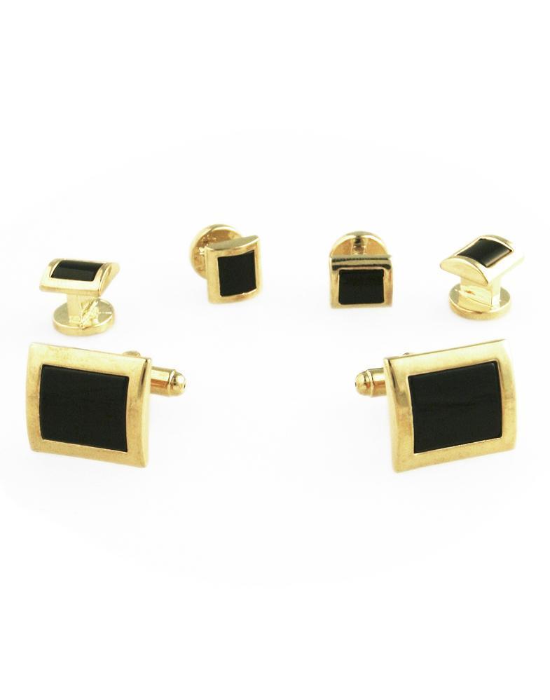Black Square Convex Onyx with Gold Edge Studs and Cufflinks Set