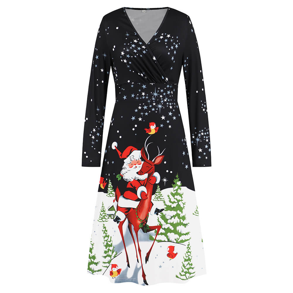 Black Christmas Element Printed V-neck Dress