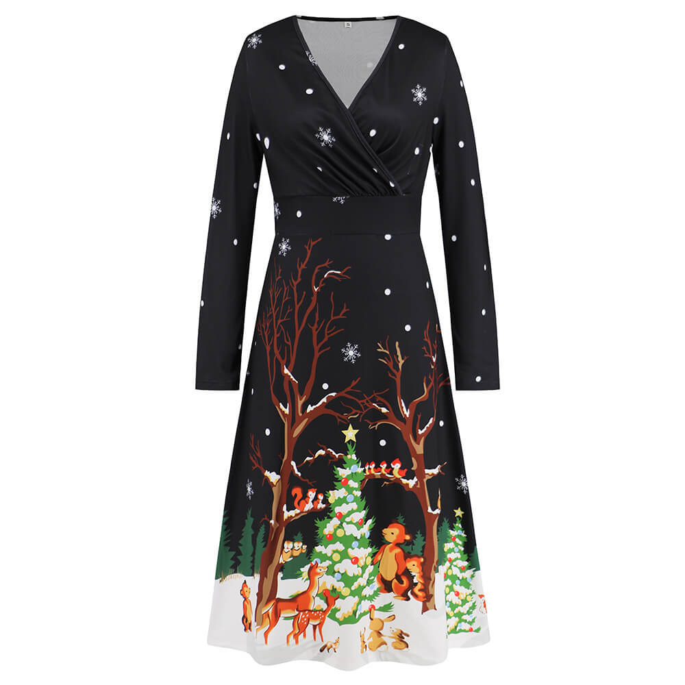 Black Christmas Element Printed V-neck Dress