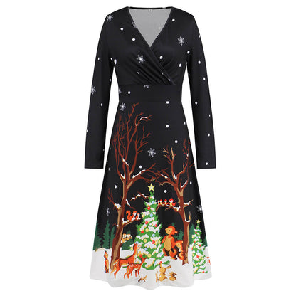Black Christmas Element Printed V-neck Dress