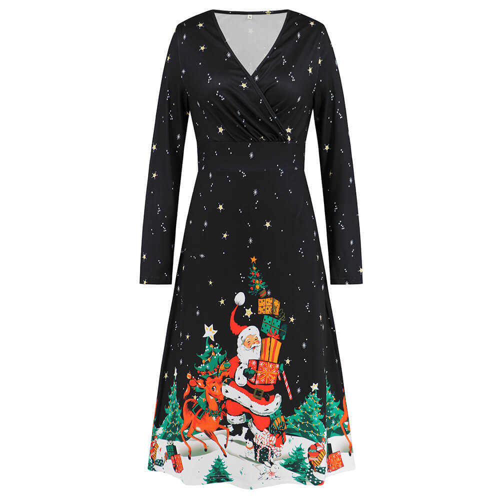 Black Christmas Element Printed V-neck Dress