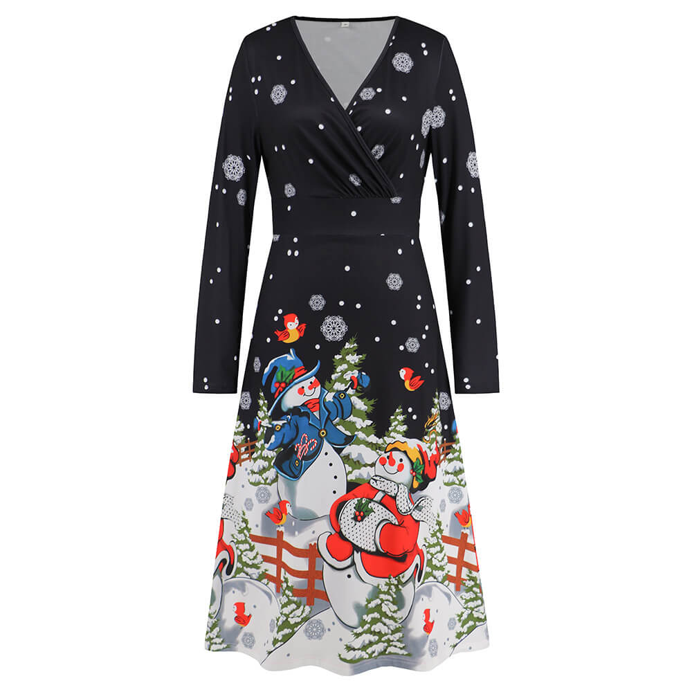 Black Christmas Element Printed V-neck Dress