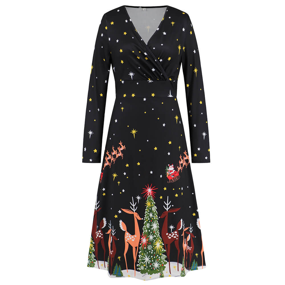 Black Christmas Element Printed V-neck Dress