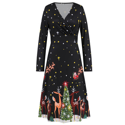 Black Christmas Element Printed V-neck Dress