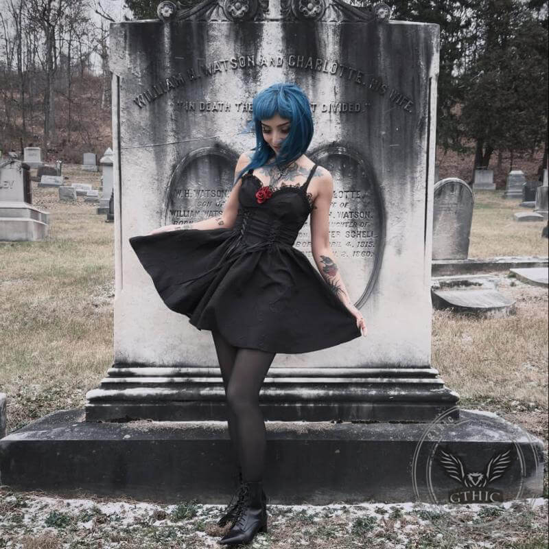 Black Goth Rose Polyester Party Dress