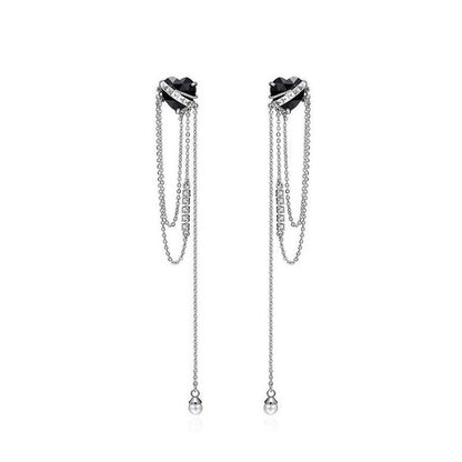 Black Heart-shaped Zircon Tassel Alloy Earrings