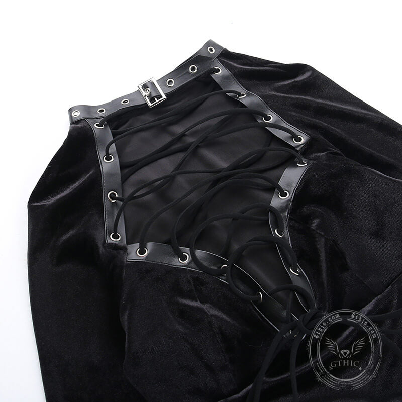 Black Lace Up Velvet Long Sleeve Bodycon Dress