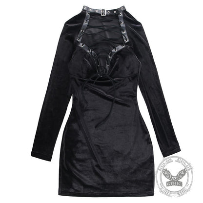 Black Lace Up Velvet Long Sleeve Bodycon Dress