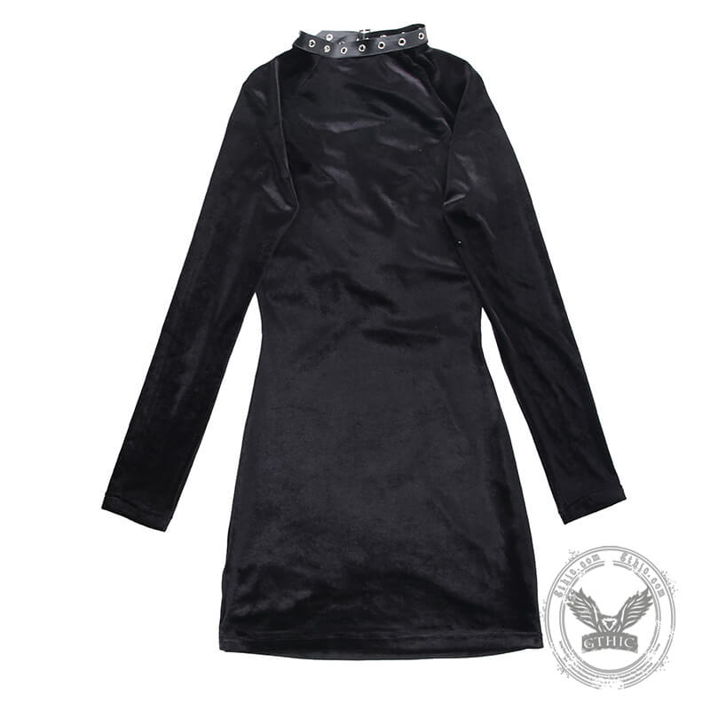 Black Lace Up Velvet Long Sleeve Bodycon Dress