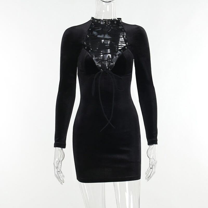 Black Lace Up Velvet Long Sleeve Bodycon Dress