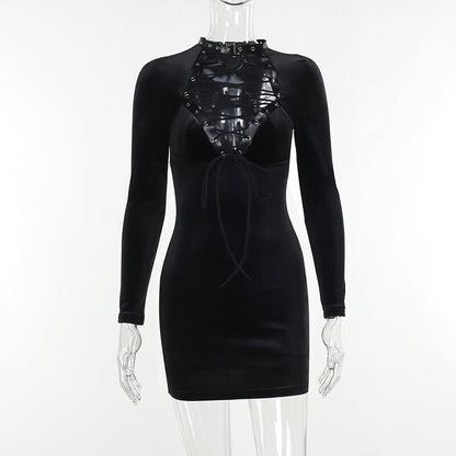 Black Lace Up Velvet Long Sleeve Bodycon Dress