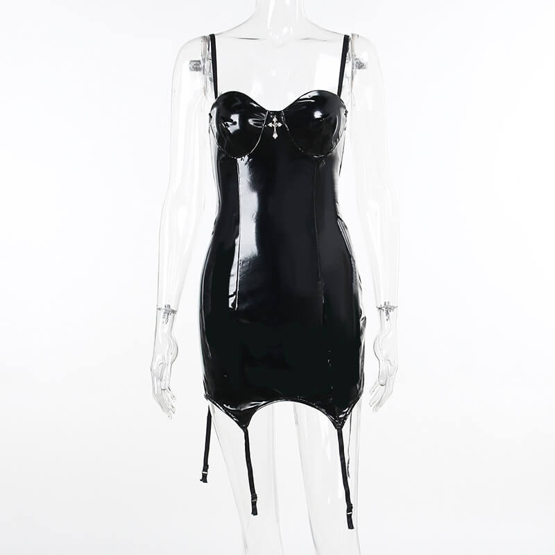 Black Shiny Leather Mini Slip Dress