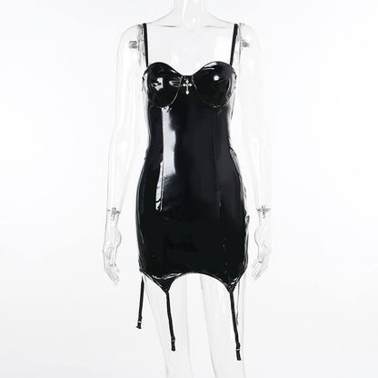 Black Shiny Leather Mini Slip Dress